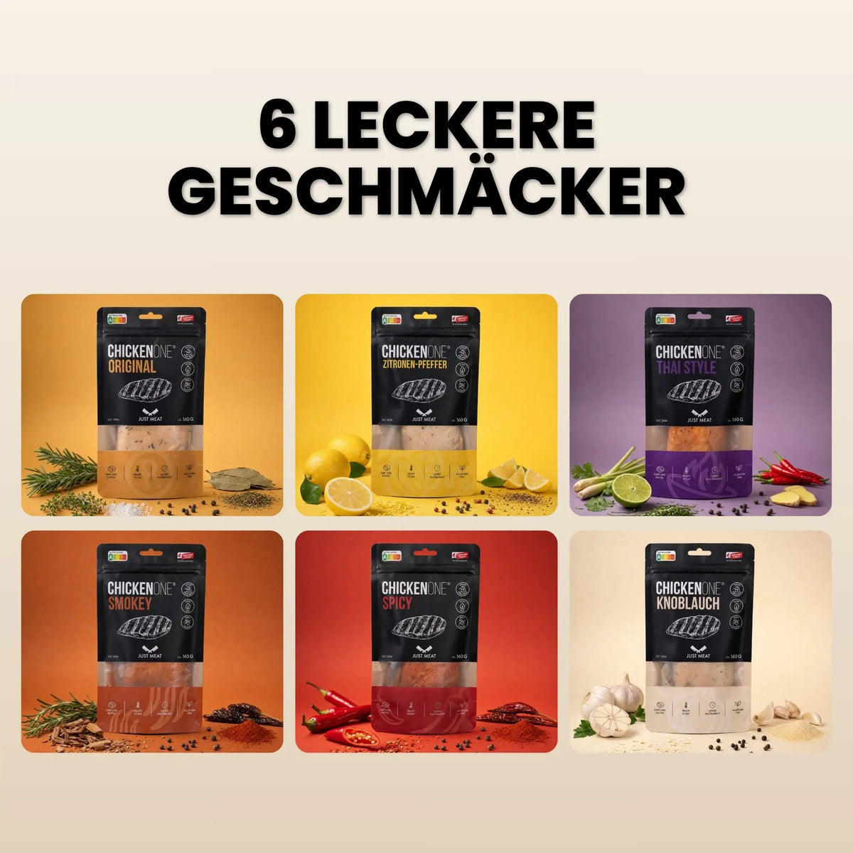 Alle 6 Sorten Chicken One nebeneinander